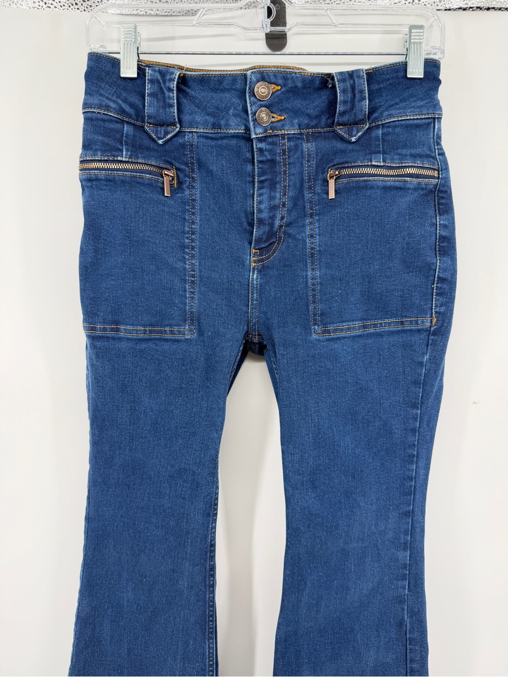 FP Layla Boho Y2K Whimsical Steampunk Rocker Dark Blue Flare Jeans Sz28 - Picture 3 of 10